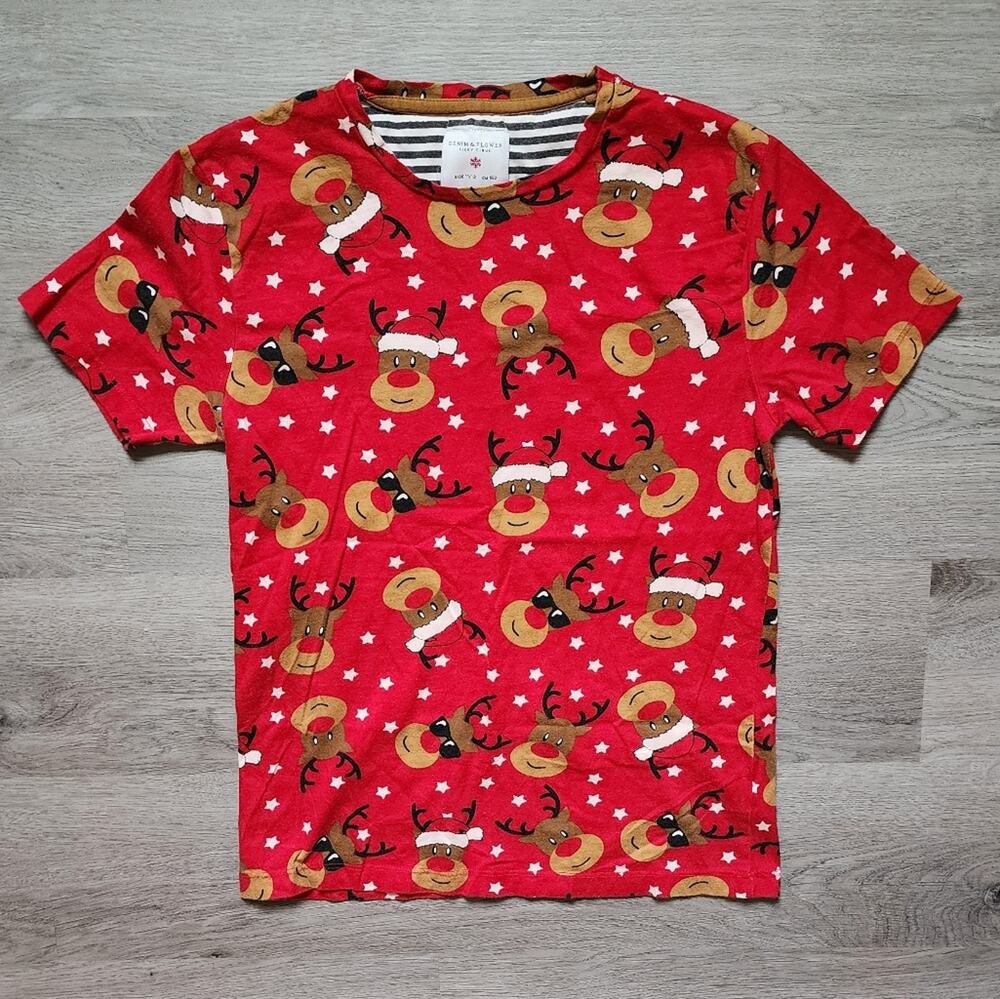 Denim & Flower Ricky Singh Boy's Short Sleeve Reindeer Crewneck Tee Size 11/12